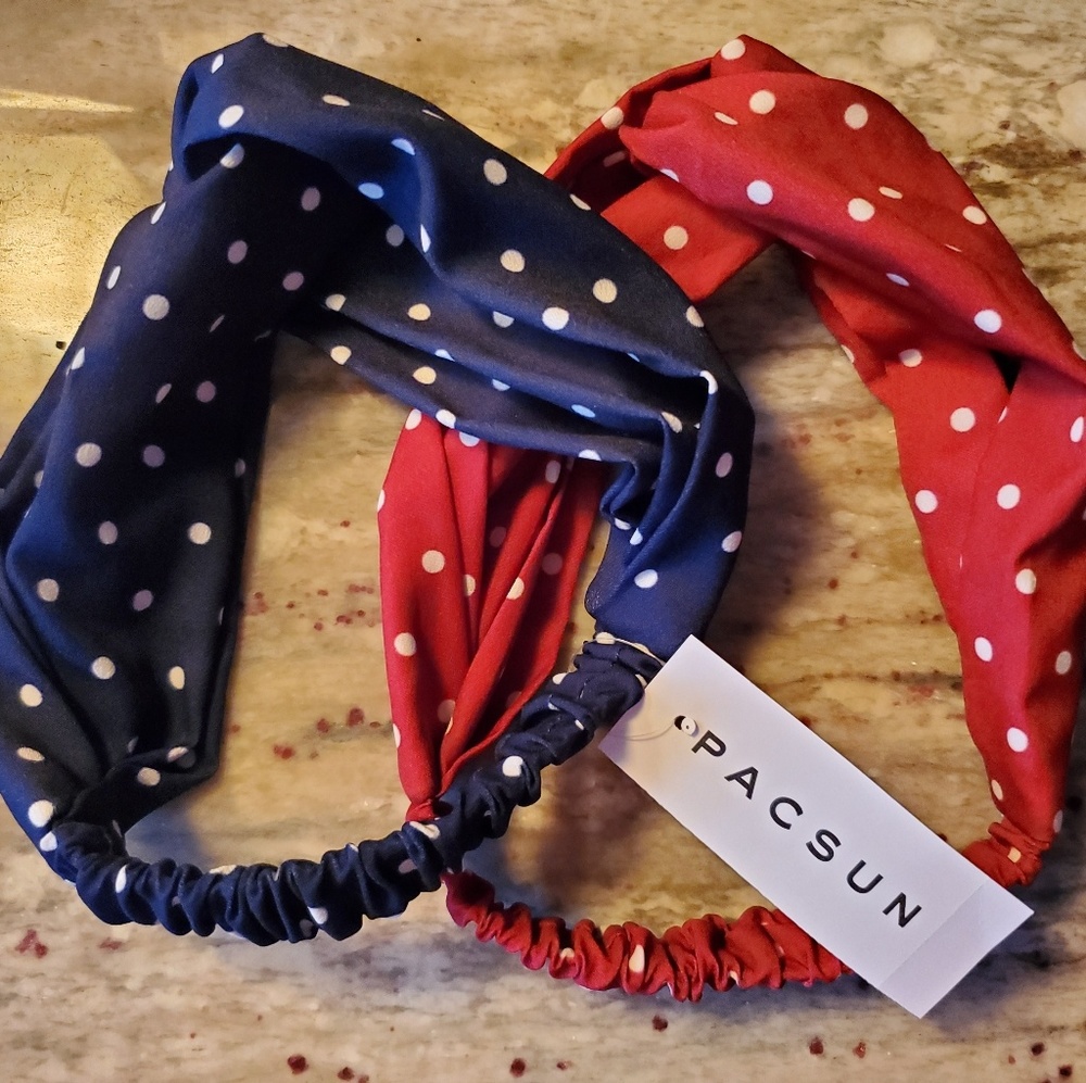 2 Headbands, Red and Navy with White Dots